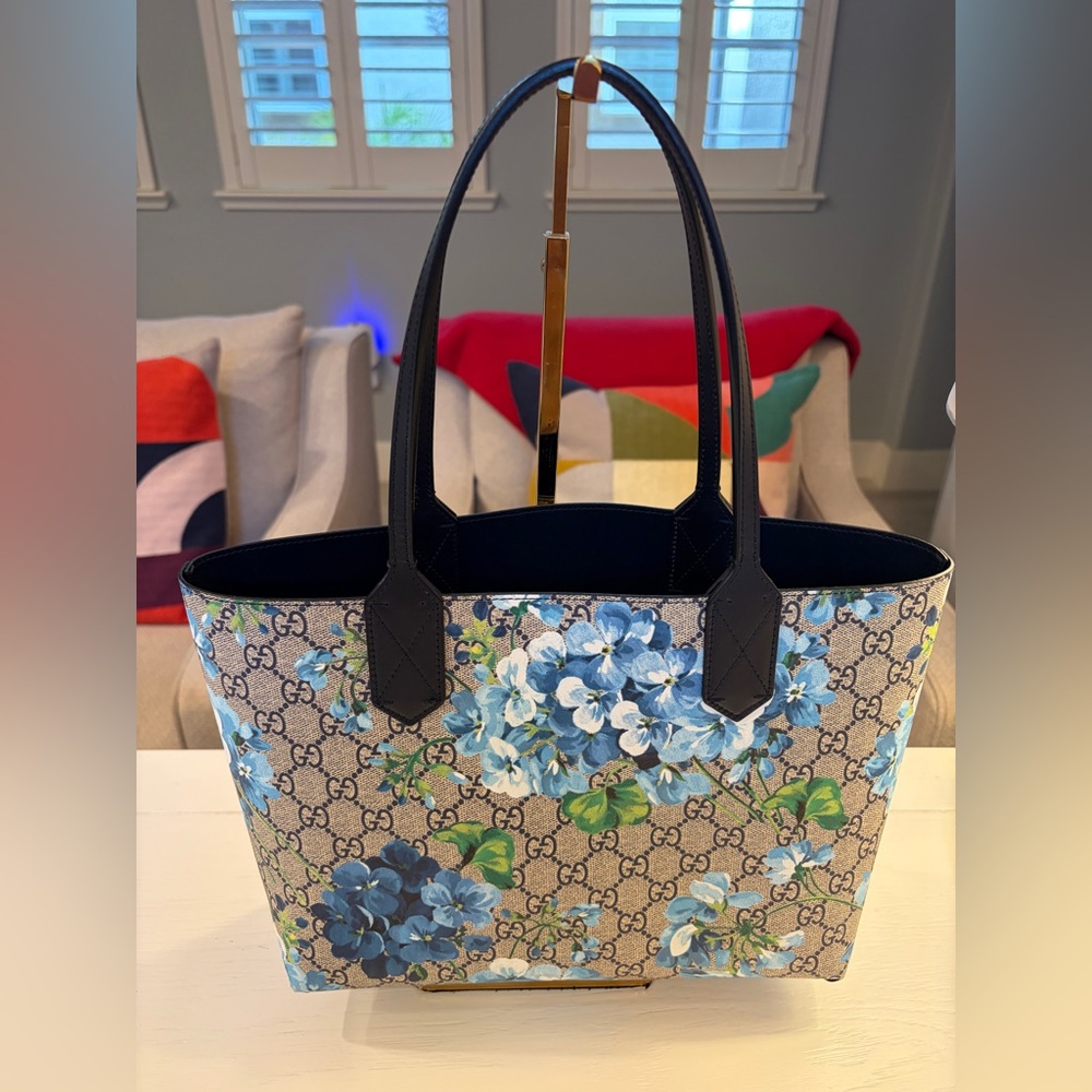 Gucci Blue Floral GG Supreme Canvas Tote Bag